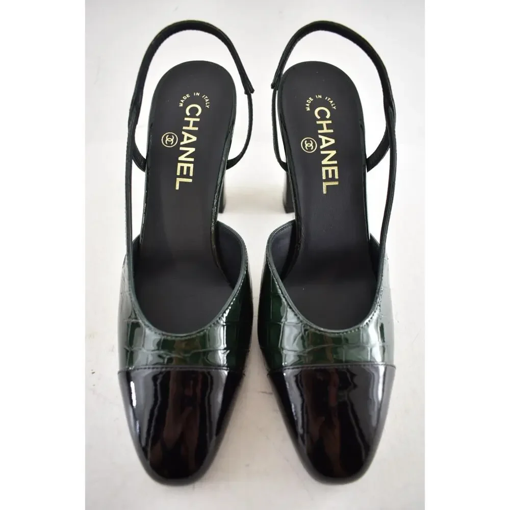 Chanel 26A Green Black Crocodile Croc Coco Sling Slingback Block Heel Pump 39.5c